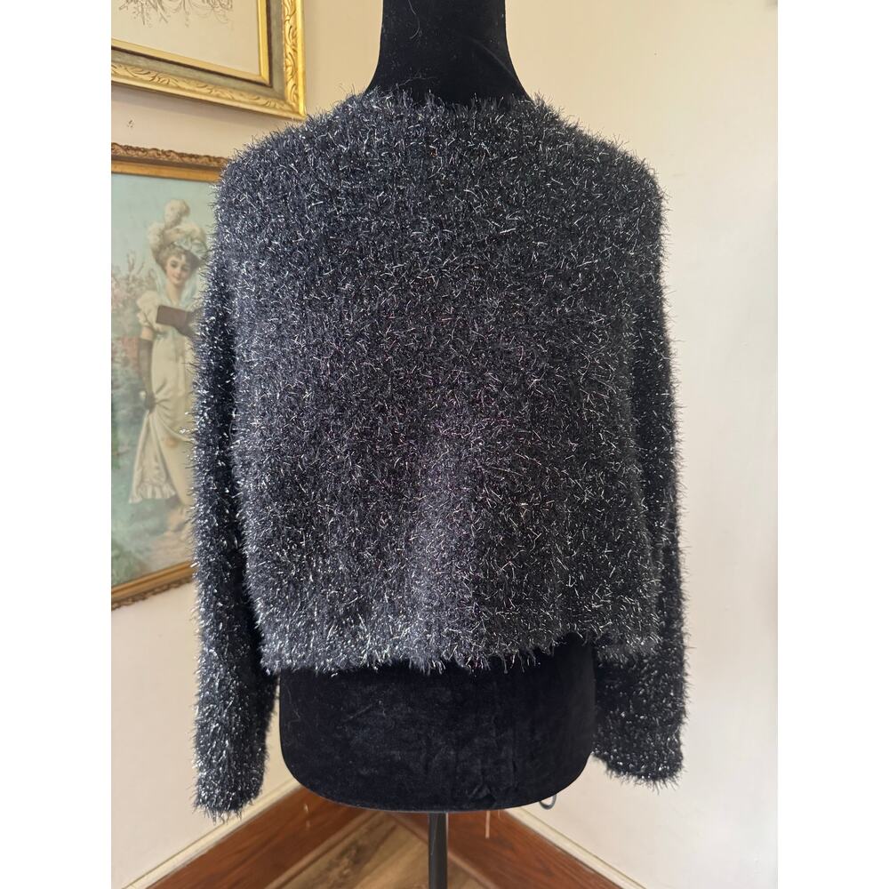 Art Class Black Metallic Eyelash Sweater XL 16 Girls Cropped Fuzzy Sparkly